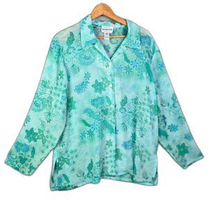 Pendleton Blouse Mint Floral XL Button Front Botanical Cottagecore